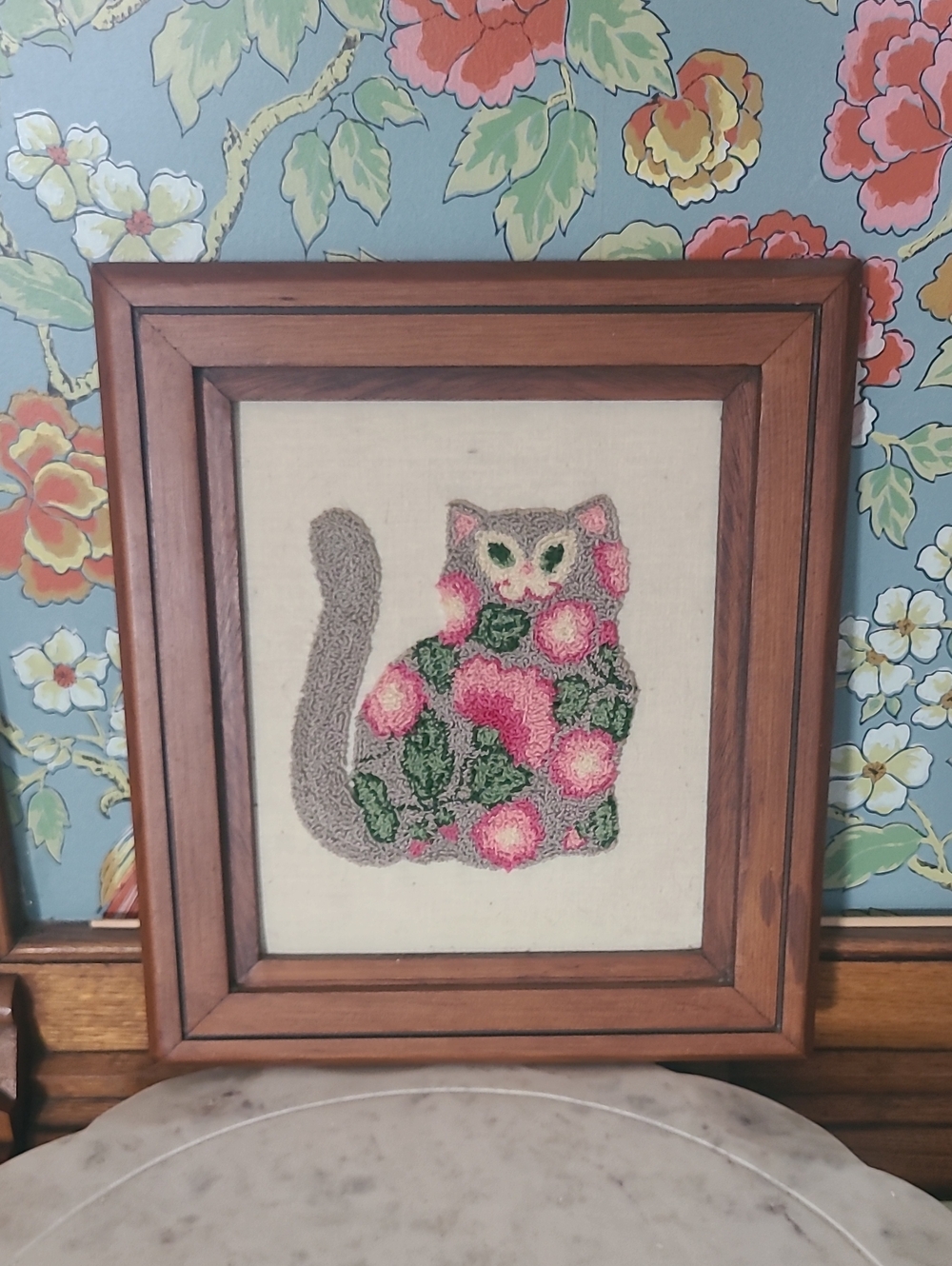 Vintage 70s Cat Embroidery In Wood Frame